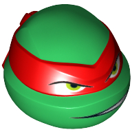 Tête de minifigurine Spécial, Tortue Ninja avec masque rouge et dents montrant sur un motif imprimé côté (Raphaël) (Minifig Head Special, Ninja Turtle with Red Mask and Teeth Showing on One Side Print (Raphael))