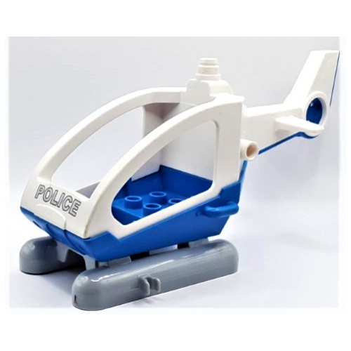 Visuel indicatif Rebrickable de Duplo Corps d'hélicoptère avec cabine et patins fixes, avec base bleue et motif imprimé 'POLICE' (Duplo Helicopter Body with Cabin, and Fixed Skids, with Blue Base and 'POLICE' Print)