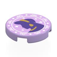 Visuel indicatif Rebrickable de Tuile ronde 2 x 2 avec Silhouette Jasmin violet foncé, bijoux en or, motif imprimé décorations blanches (Tile Round 2 x 2 with Dark Purple Jasmin Silhouette, Gold Jewelry, White Decorations Print)