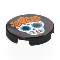 Visuel indicatif Rebrickable de Tuile ronde 2 x 2 avec calavera (crâne) avec motif imprimé de fleurs orange (Tile Round 2 x 2 with Calavera (Skull) with Orange Flowers Print)