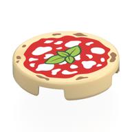 Visuel indicatif Rebrickable de Tuile ronde 2 x 2 avec Pizza, Sauce Rouge, Fromage Blanc, Feuilles motif imprimé (Tile Round 2 x 2 with Pizza, Red Sauce, White Cheese, Leaves Print)