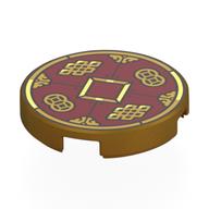 Visuel indicatif Rebrickable de Tuile ronde 2 x 2 avec pièce d'or, fond rouge foncé, motif imprimé décorations or (Tile Round 2 x 2 with Gold Coin, Dark Red Background, Gold Decorations Print)