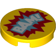 Visuel indicatif Rebrickable de Tuile ronde 2 x 2 avec motif imprimé 'BAM!' blanc sur fond azur moyen et bulles de texte rouge (Tile Round 2 x 2 with White 'BAM!' over Medium Azure and Red Text Bubbles Print)