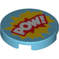 Visuel indicatif Rebrickable de Tuile ronde 2 x 2 avec motif imprimé 'POW!' blanc sur bulles de texte rouge et jaune (Tile Round 2 x 2 with White 'POW!' over Red and Yellow Text Bubbles Print)