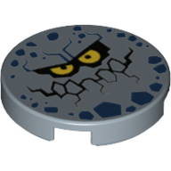 Visuel indicatif Rebrickable de Tuile ronde 2 x 2 avec visage de créature de roche avec sourire déchiqueté, taches bleues foncées et yeux jaunes motif imprimé (Tile Round 2 x 2 with Rock Creature Face with Jagged Grin, Dark Blue Spots and Yellow Eyes Print)