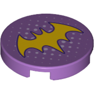 Visuel indicatif Rebrickable de Tuile ronde 2 x 2 avec le symbole de la chauve-souris jaune et le motif imprimé de petits points blancs (Tile Round 2 x 2 with Yellow Bat Symbol and Small White Dots Print)