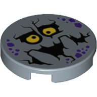 Visuel indicatif Rebrickable de Tuile ronde 2 x 2 avec des taches de roche violette, yeux jaunes avec pupilles, bouche noire, grandes dents blocky (bouldron) motif imprimé (Tile Round 2 x 2 with Purple Rock Spots, Yellow Eyes with Pupils, Black Mouth, Big Blocky Teeth (Bouldron) Print)