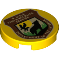 Visuel indicatif Rebrickable de Tuile ronde 2 x 2 avec bouclier rouge foncé, loup, aigle, 'U.S. FISH & WILDLIFE SERVICE' motif imprimé (Tile Round 2 x 2 with Dark Red Shield, Wolfe, Eagle, 'U.S. FISH & WILDLIFE SERVICE' Print)