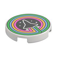 Visuel indicatif Rebrickable de Tuile ronde 2 x 2 avec contour de vaisseau spatial blanc, fond noir, motif imprimé rose foncé/clair orange/bleu moyen/vert clair (Tile Round 2 x 2 with White Spaceship Outline, Black Background, Dark Pink/Bright Light Orange/Medium Blue/Bright Green Circles Print)
