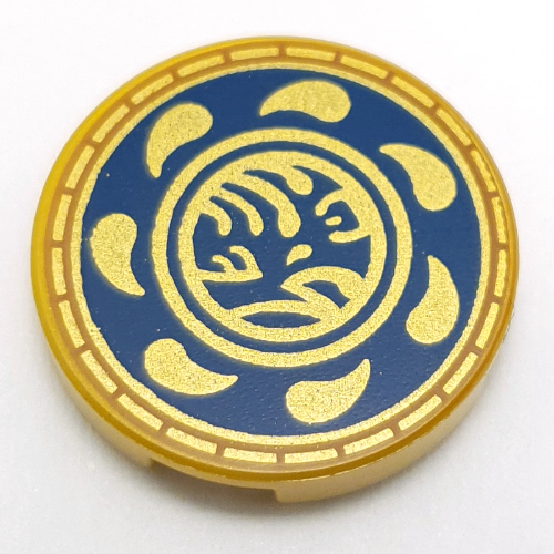 Visuel indicatif Rebrickable de Tuile ronde 2 x 2 avec symbole asiatique or, décorations sur fond bleu foncé motif imprimé (Tile Round 2 x 2 with Gold Asian Symbol, Decorations on Dark Blue Background Print)