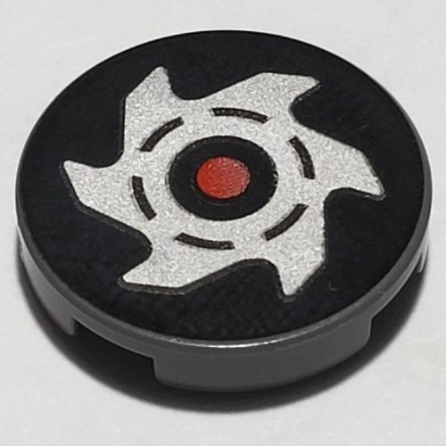 Visuel indicatif Rebrickable de Tuile ronde 2 x 2 avec étoile argentée, point rouge / noir/rouge logo nindroid motif imprimé (Tile Round 2 x 2 with Silver Star, Red Dot / Black/Red Nindroid Logo Print)