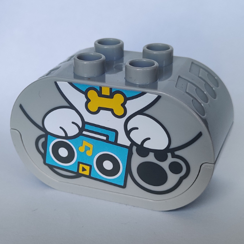 Visuel indicatif Rebrickable de Brique sonore Duplo 2 x 4 x 2 extrémités arrondies avec corps de chien tenant un motif imprimé stéréo (Duplo Sound Brick 2 x 4 x 2 Rounded Ends with Dog Body Holding Stereo Print)