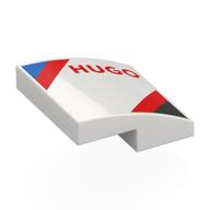 Visuel indicatif Rebrickable de Brique courbée 2 x 2 x 2/3 avec motif imprimé rouge 'HUGO', bleu/rouge/noir (Brick Curved 2 x 2 x 2/3 with Red 'HUGO', Blue/Red/Black Stripes Print)