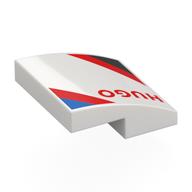 Visuel indicatif Rebrickable de Brique courbée 2 x 2 x 2/3 avec motif imprimé rouge 'HUGO', bleu/rouge/noir (Brick Curved 2 x 2 x 2/3 with Red 'HUGO', Blue/Red/Black Stripes Print)