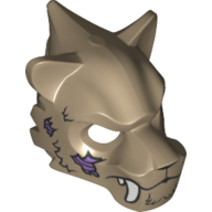 Masque tigre avec fourrure, crocs blancs, chaîne de cuivre et patchs de tendon violet imprimé (Mask Tiger with Fur, White Fangs, Copper Chain and Purple Sinew Patches Print)
