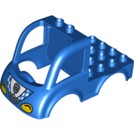 Visuel indicatif Rebrickable de Duplo camion de carrosserie 4 x 4 plat avec 2 crampons supérieurs, calandre et phares, badge de police et motif imprimé à carreaux bleu et blanc (Duplo Car Body Truck 4 x 4 Flatbed with 2 Top Studs, Grille and Headlights, Police Badge and Blue and White Checked Print)