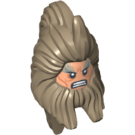 Tête de minifigurine spéciale, ornement avec barbe et cheveux longs, visage de nougat avec pupilles blanches et motif imprimé grimace (Minifig Head Special, Beorn with Beard and Long Hair, Nougat Face with White Pupils and Grimace Print)
