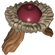 Visuel indicatif Rebrickable de Cheveux et chapeau, long rabat avec casquette rouge foncé et motif imprimé bord de fourrure beige foncé (Hair and Hat, Long Flap with Dark Red Cap and Dark Tan Fur Brim Print)