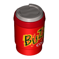 Visuel indicatif Rebrickable de Tasse d'équipement avec couvercle à emporter et couvercle plat argenté et motif imprimé 'BUZZ COLA' (Equipment Cup with Take Out Lid and Flat Silver Lid and 'BUZZ COLA' Print)