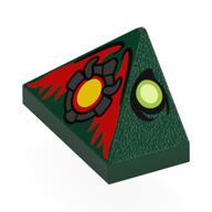 Visuel indicatif Rebrickable de Brique inclinée 45° 2 x 1 triple avec yeux vert citron/jaune, médaillon gris/jaune foncé, motif imprimé Ailes rouges (Brick Sloped 45° 2 x 1 Triple with Lime/Yellowish Green Eyes, Dark Bluish Grey/Yellow Medallion, Red Wings Print)
