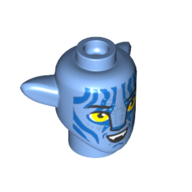 Tête de minifigurine Spécial Alien Na'vi avec Yeux Jaunes, Marquages Bleus, sourire bouche ouverte, Motif Dents Imprimées (Minifig Head Special Alien Na'vi with Yellow Eyes, Blue Markings, Open Mouth Smile, Teeth Print)