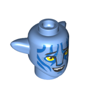 Tête de minifigurine spéciale alien na'vi avec des yeux jaunes, des marques bleues, motif : sourire bouche ouverte (Minifig Head Special Alien Na'vi with Yellow Eyes, Blue Markings, Open Mouth Smile Print)