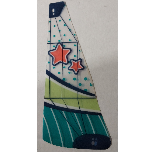 Visuel indicatif Rebrickable de Voile, triangulaire, petit, 2 trous d'angle, panneaux turquoise foncé et vert jaunâtre, motif imprimé étoiles de corail (Sail, Triangular, Small, 2 Corner Holes, Dark Turquoise and Yellowish-Green Panels, Coral Stars Print)