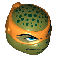 Tête de minifigurine spéciale, Tortue Ninja avec masque orange et motif imprimé Taches Vert foncé (Michelangelo) (Minifig Head Special, Ninja Turtle with Orange Mask and Dark Green Spots Print (Michelangelo))