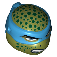 Tête de minifigurine spéciale, tortue ninja avec masque bleu et taches vert foncé, bouche ouverte motif imprimé (leonardo) (Minifig Head Special, Ninja Turtle with Blue Mask and Dark Green Spots, Open Mouth Print (Leonardo))