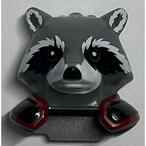 Tête de minifigurine spéciale, raton laveur avec rouge foncé et noir épaulettes motif imprimé (roquette) (Minifig Head Special, Raccoon with Dark Red and Black Shoulder Pads Print (Rocket))