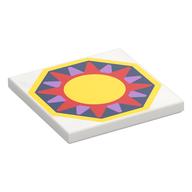 Visuel indicatif Rebrickable de Tuile 4 x 4 avec Corail/Lavande moyenne/Soleil jaune, fond bleu foncé en motif imprimé octogone (Tile 4 x 4 with Coral/Medium Lavender/Yellow Sun, Dark Blue Background in Octagon Print)