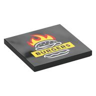 Visuel indicatif Rebrickable de Tuile 4 x 4 avec 'BURGERS' sur champ jaune, burger, flammes rouges et jaunes motif imprimé (Tile 4 x 4 with 'BURGERS' on Yellow Field, Burger, Red and Yellow Flames Print)