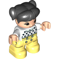 Visuel indicatif Rebrickable de Duplo figurine enfant avec queues de cheval et franges noir, avec le visage et les mains de nougat clair, jambes jaune clair lumineux, cœur noir, motif imprimé col vert clair (Duplo Figure Child with Ponytails and Bangs Black, with Light Nougat Face and Hands, Bright Light Yellow Legs, Black Heart, Light Green Collar Print)