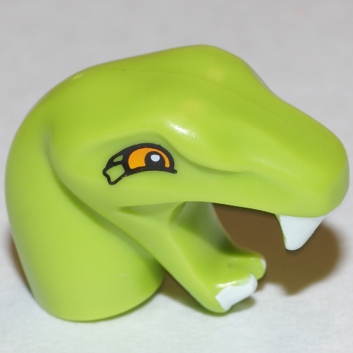 Tête de minifigurine spéciale, serpent avec cou court avec yeux orange, bouche ouverte avec motif imprimé crocs blancs (Minifig Head Special, Snake with Short Neck with Orange Eyes, Open Mouth with White Fangs Print)