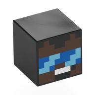 Tête de minifigurine Spécial, Cube avec visage brun ombré pixelisé, visière bleu/bleu clair, bouche blanche (Minifig Head Special, Cube with Pixelated Umber Brown Face, Bleu/Bright Light Blue Visor, White Mouth)