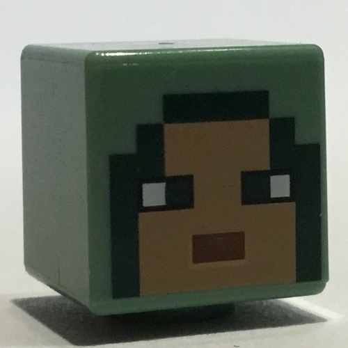 Tête de minifigurine spéciale, cube avec visage nougat pixélisé, yeux vert foncé, motif : lèvres rouge foncé (Minifig Head Special, Cube with Pixelated Nougat Face, Dark Green Eyes, Dark Red Lips Print)