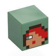 Tête de minifigurine Spécial, Cube avec Nougat moyen pixelisé, cheveux rouges, œil vert olive, motif : capuche brun foncé (Minifig Head Special, Cube with Pixelated Medium Nougat Dace, Red Hair, Olive Green Eye, Dark Brown Hood Print)