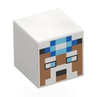 Tête de minifigurine spéciale, cube avec visage de nougat pixélisé, sourcils blancs, moustache, motif imprimé de lampe minière bleue (Minifig Head Special, Cube with Pixelated Nougat Face, White Eyebrows, Moustache, Blue Mining Lamp Print)