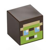 Tête de minifigurine spéciale, cube avec face de vert citron pixélisée, yeux bleu clair lumineux, motif imprimé frontal beige (Minifig Head Special, Cube with Pixelated Lime Face, Bright Light Blue Eyes, Tan Forhead Print)