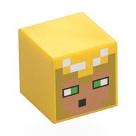 Tête de minifigurine spéciale, cube avec visage nougat pixélisé, capuche dorée, motif : yeux vert vif (Minifig Head Special, Cube with Pixelated Nougat Face, Gold Hood, Bright Green Eyes Print)