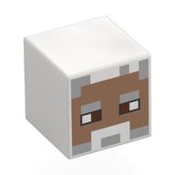 Tête de minifigurine spéciale, cube avec visage brun moyen pixélisé, moustache blanche, motif : sourcils gris bleuté clair (Minifig Head Special, Cube with Pixelated Medium Brown Face, White Moustache, Light Bluish Grey Eyebrows Print)