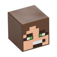 Tête de minifigurine Spécial, Cube avec nougat clair pixelisé et visage brun foncé, motif imprimé yeux vert vif (Minifig Head Special, Cube with Pixelated Light Nougat and Dark Brown Face, Bright Green Eyes Print)