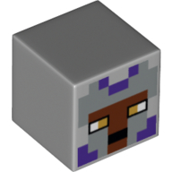 Tête de minifigurine spéciale, cube avec visage brun rougeâtre pixélisé, casque de chevaliers violet foncé et argent, motif : yeux dorés (Minifig Head Special, Cube with Pixelated Reddish Reddish Brown Face, Dark Purple and Silver Knights Helmet, Gold Eyes Print)