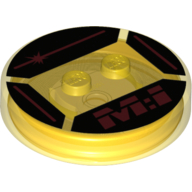 Visuel indicatif Rebrickable de Fonction brique ronde 4 x 4 x 2/3 avec 2 tenons et lignes rouges et 'M:I' sur fond noir motif imprimé (Function Brick Round 4 x 4 x 2/3 with 2 Studs and Red Lines and 'M:I' on Black Background Print)