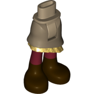 Visuel indicatif Rebrickable de Bassin mini-poupée et jupe asymétrique en couches avec volant d'or, jambes rouge foncé, chaussures marron foncé motif imprimé (Minidoll Hips and Asymmetrical Layered Skirt with Gold Ruffle, Dark Red Legs, Dark Brown Shoes Print)