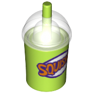 Visuel indicatif Rebrickable de Équipement tasse et paille avec couvercle de dôme transparent transparent et motif imprimé 'SQUISHEE' violet foncé et orange (Equipment Cup and Straw with Trans Clear Dome Lid and Dark Purple and Orange 'SQUISHEE' Print)