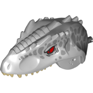 Visuel indicatif Rebrickable de Partie du corps animal, dinosaure, tête indominus rex avec connecteur noire, dents beige, yeux rouges et écailles argentées métalliques (Animal Body Part, Dinosaur, Indominus Rex Head with Black Pin, Tan Teeth, Red Eyes and Metallic Silver Scales Print)