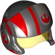 Casque avec visière pilote rebelle, protecteurs de joues, visière transparent-jaune et rayures rouges et blanches et motif imprimé logo rebelle (Helmet with Visor Rebel Pilot, Cheek Protectors, Trans-Yellow Visor and Red and White Stripes and Rebel Logo Print)