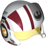 Casque avec visière rebelle pilote, protecteurs de joues, visière transparent-jaune et rayures rouge foncé et noir logo rebelle motif imprimé (Helmet with Visor Rebel Pilot, Cheek Protectors, Trans-Yellow Visor and Dark Red Stripes and Black Rebel Logo Print)