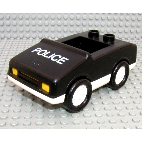 Visuel indicatif Rebrickable de Duplo Car avec 1 x 2 tenons avec Base Blanche et motif imprimé 'POLICE' (Duplo Car with 1 x 2 Studs with White Base and 'POLICE' Print)